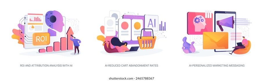 AI Technology for Marketing abstract concept vector illustration set. ROI and Attribution Analysis with AI, AI-Reduced Cart Abandonment Rates, AI-Personalized Marketing Messaging abstract metaphor.