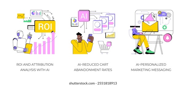 Conjunto de Ilustración vectorial de concepto abstracto de Tecnología de IA para marketing. ROI y análisis de atribución con IA, tasas de abandono de Carritos reducidas por IA, metáfora abstracta de mensajes de marketing personalizados por IA.