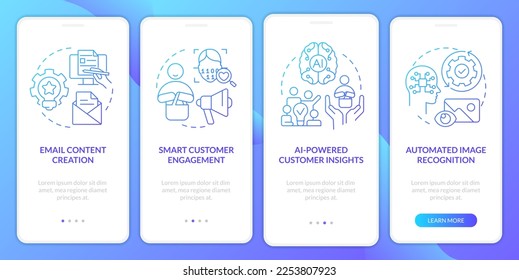 AI technology in marketing blue gradient onboarding mobile app screen. Progress walkthrough 4 steps graphic instructions with linear concepts. UI, UX, GUI template. Myriad Pro-Bold, Regular fonts used