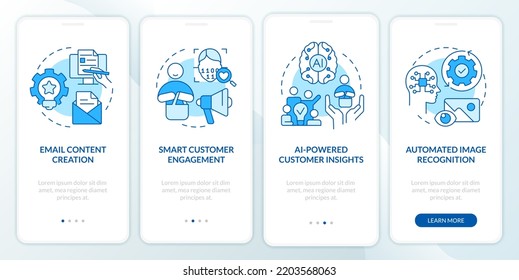 AI technology in marketing blue onboarding mobile app screen. Progress walkthrough 4 steps editable graphic instructions with linear concepts. UI, UX, GUI template. Myriad Pro-Bold, Regular fonts used