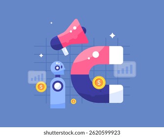 Tecnologia de IA e ilustração de conceito de marketing. usando inteligência artificial para atrair clientes e dinheiro. desenvolvendo estratégias de marketing usando assistência robótica. design de estilo plano. elementos