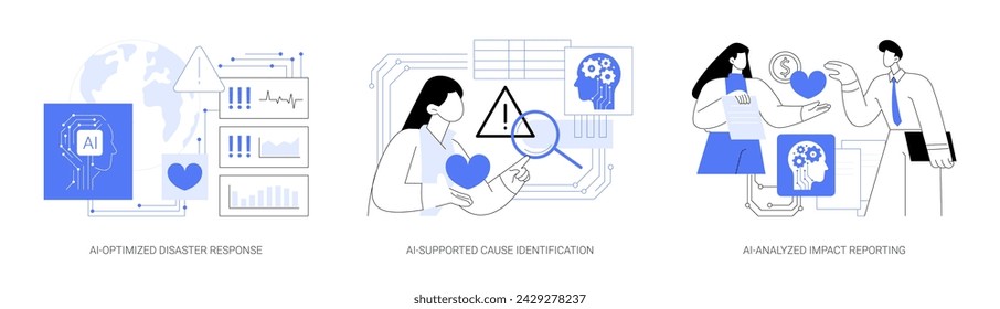 AI Technology for Nonprofit and Social Impact abstract concept vector illustration set. AI-Optimized Disaster Response, AI-Analyzed Cause Identification, Impact Reporting for donors abstract metaphor.