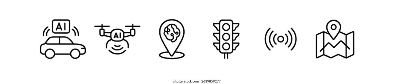 Ai technology outline icon set. autonomous vehicles, drones, maps, traffic signals