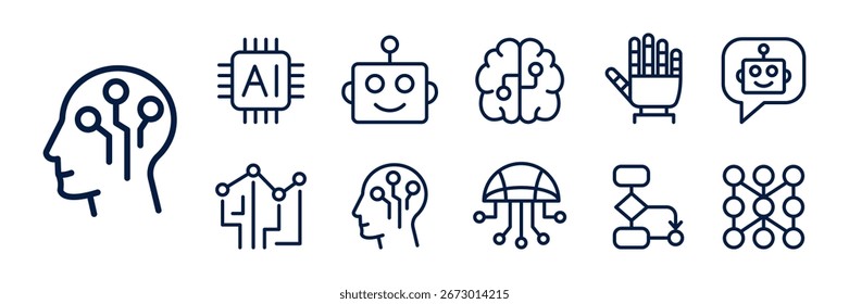 Conjunto de iconos de contorno de tecnología de IA, símbolos de Vector modernos de inteligencia artificial.
