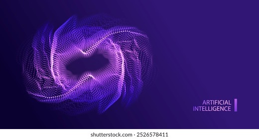 Banner de partículas de tecnologia da IA. Pontos de explosão ai grande data neon splash fundo redondo. Design de conexão de forma futurista de inteligência artificial.