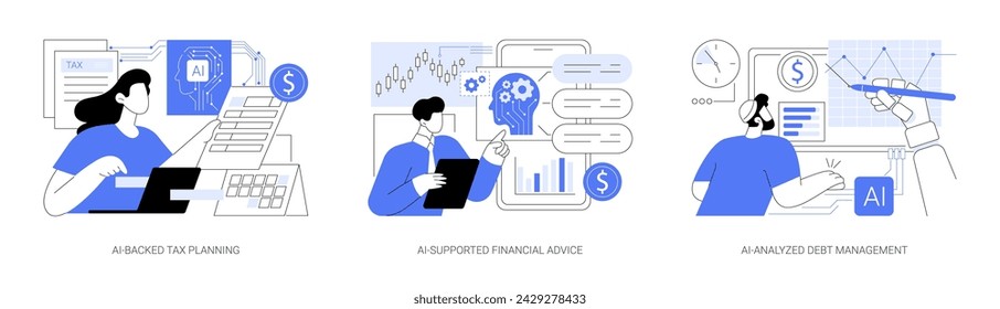 AI Technology in Personal Finance abstract concept vector illustration set. AI-Backed Tax Planning, identify deductions, AI-Supported Financial Advice, AI-Analyzed Debt Management abstract metaphor.