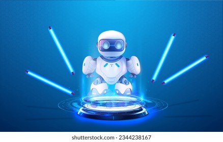 AI technology poster with cute robot character. Robot chatbot, AI in science, business. Projection, a hologram of a modern robot on a podium or pedestal, with neon light. Isolated vector illustration.