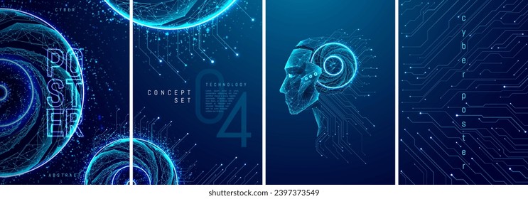 Diseño de afiches tecnológicos de IA. Conjunto digital abstracto de afiches de tecnología en azul claro futurista con elementos de polos bajos en un fondo oscuro. Concepto de futuro e inteligencia artificial. Cara robótica. Vector.