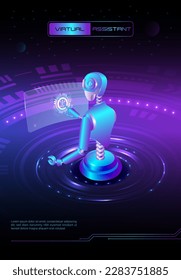 AI technology poster with robot character. The robot is a virtual assistant. Artificial intelligence chatbot. Chatbot illustration for banner, poster, website, landing page, ads, flyer template.