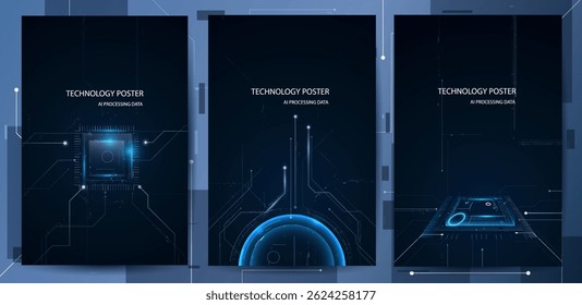 AI Technology Poster Set, Deep Learning Concept with Processing Data AI. Blue Circuit CPU background
