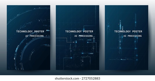 AI Technology Poster Set, Deep Learning Concept with Processing Data And Blue Circuit CPU background