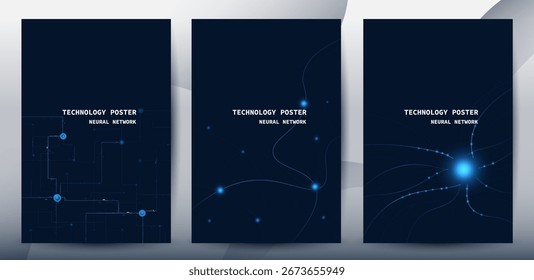 AI Technology Poster Set, Neuronales Netzwerkkonzept. Linien mit Knoten verbinden sich mit Punkt mit blauem Hintergrund