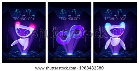 AI technology posters with cute robot character. Artificial intelligence in science and business, smart machine concept. Vector cartoon illustration with futuristic bot