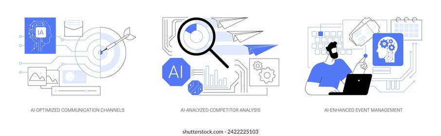 AI Technology in PR abstract concept vector illustration set. AI-Optimized Communication Channels, target audience, AI-Analyzed Competitor Analysis, AI-Enhanced Event Management abstract metaphor.