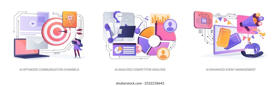 AI Tecnologia em PR conceito abstrato vetor ilustração conjunto. Canais de comunicação otimizados para IA, público-alvo, análise de concorrentes analisados para IA, metáfora abstrata de gerenciamento de eventos aprimorado para IA.