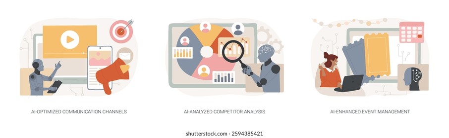 AI Technology in PR abstract concept vector illustration set. AI-Optimized Communication Channels, target audience, AI-Analyzed Competitor Analysis, AI-Enhanced Event Management abstract metaphor.