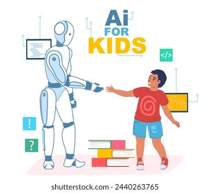 Tecnología de IA para la ilustración vectorial de la educación de niños preescolares. Inteligencia artificial robot apretón de manos y la enseñanza a los niños. Alumno que aprende poco y estudia con chatbot