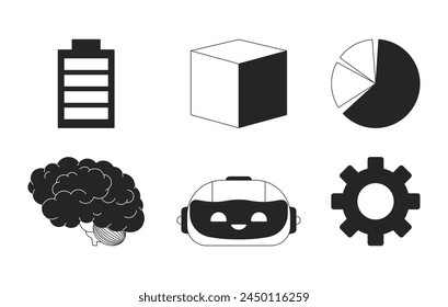 AI technology processing black and white 2D line cartoon objects set. Robotic head, cube geometric isolated vector outline items collection. Brain, gear, piechart monochromatic flat spot illustrations