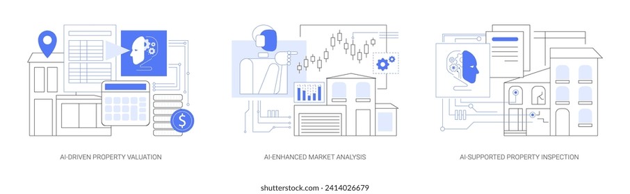 AI Technology in Real Estate abstract concept vector illustration set. AI-Driven Property Valuation, AI-Enhanced Market Analysis, investment opportunities, Property Inspection abstract metaphor.