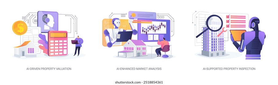 AI Tecnología en el conjunto de Ilustración vectorial de concepto abstracto de bienes raíces. Valoración de propiedades impulsada por IA, análisis de mercado mejorado por IA, oportunidades de inversión, metáfora abstracta de inspección de propiedades.