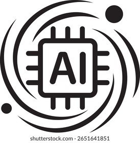 The AI technology represented by a central processing unit surrounded by swirling graphic elements. The central processing unit has "AI" on its surface. 