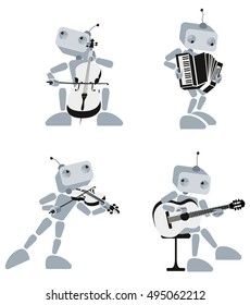 Ai technology. Robot playing different musical instruments fun, cartoon, illustration, clip art, vector