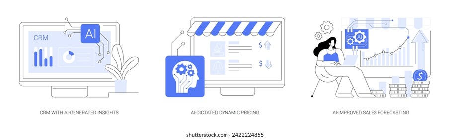 AI Technology in Sales abstract concept vector illustration set. CRM with AI-Generated Insights, AI-Dictated Dynamic Pricing, AI-Improved Sales Forecasting, maximizing profits abstract metaphor.