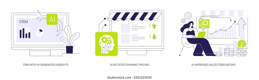 AI Technology in Sales abstract concept vector illustration set. CRM with AI-Generated Insights, AI-Dictated Dynamic Pricing, AI-Improved Sales Forecasting, maximizing profits abstract metaphor.