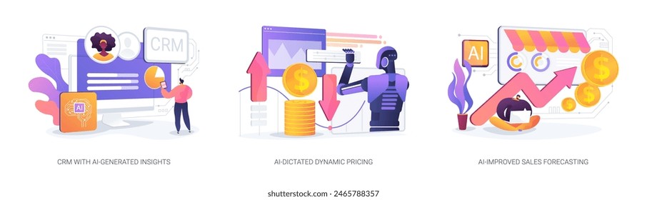 AI Technology in Sales abstract concept vector illustration set. CRM with AI-Generated Insights, AI-Dictated Dynamic Pricing, AI-Improved Sales Forecasting, maximizing profits abstract metaphor.