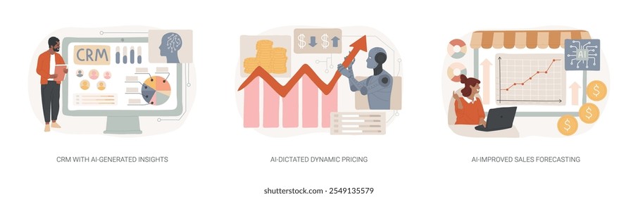 AI Tecnología en ventas concepto abstracto conjunto de Ilustración vectorial. CRM con Insights generados por IA, Precios dinámico dictado por IA, pronóstico de ventas mejorado por IA, metáfora abstracta de maximización de ganancias.