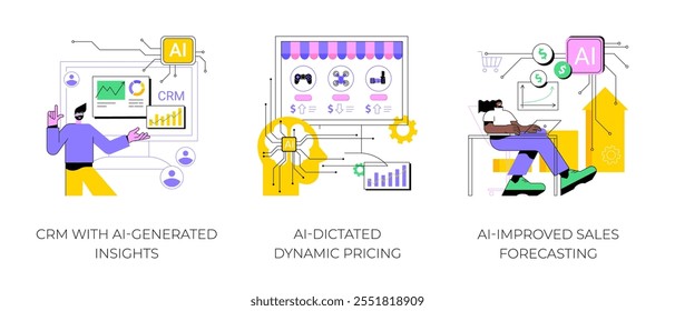 AI Technology in Sales abstraktes Konzept, Vektorgrafik-Set. CRM mit KI-generierten Einsichten, KI-Dicted Dynamic Pricing, KI-Verbesserte Umsatzprognose, Gewinnmaximierung abstrakte Metapher.