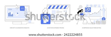 AI Technology in Sales abstract concept vector illustration set. CRM with AI-Generated Insights, AI-Dictated Dynamic Pricing, AI-Improved Sales Forecasting, maximizing profits abstract metaphor.