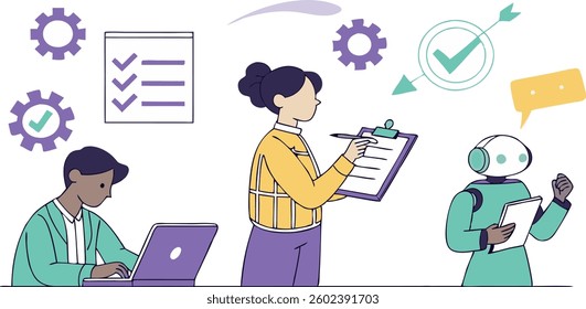 AI technology set. Characters use artificial intelligence, algorithms, generative tools to work with tasks, checklists, schedules and increase productivity. Vector illustration.