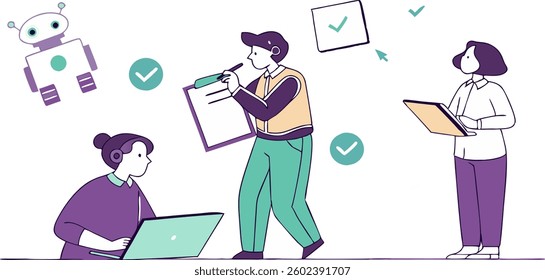 AI technology set. Characters use artificial intelligence, algorithms, generative tools to work with tasks, checklists, schedules and increase productivity. Vector illustration.