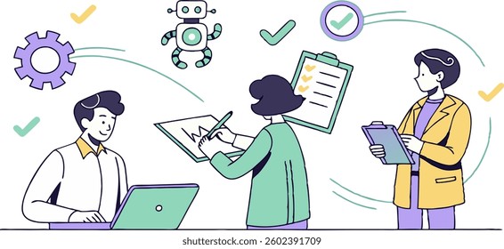 AI technology set. Characters use artificial intelligence, algorithms, generative tools to work with tasks, checklists, schedules and increase productivity. Vector illustration.