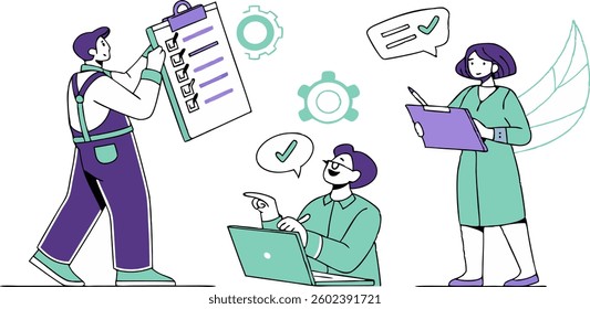 AI technology set. Characters use artificial intelligence, algorithms, generative tools to work with tasks, checklists, schedules and increase productivity. Vector illustration.