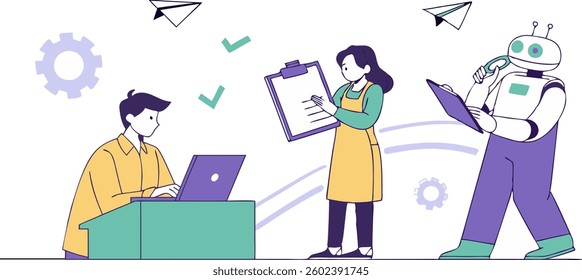 AI technology set. Characters use artificial intelligence, algorithms, generative tools to work with tasks, checklists, schedules and increase productivity. Vector illustration.