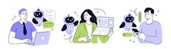 AI technology set. Characters using artificial intelligence generative tools for business tasks, content creation, marketing, automation. Vector illustration.