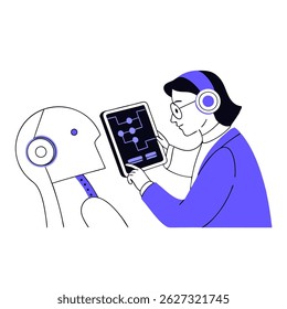 Conjunto de tecnologias de IA. Personagens que usam ferramentas geradoras de inteligência artificial para tarefas de negócios, criação de conteúdo, marketing e automação. Ilustração vetorial.