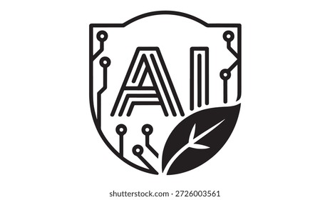 Logotipo del escudo de la tecnología de Ai con la placa de circuito y los Elementos de diseño de la hoja en el fondo blanco