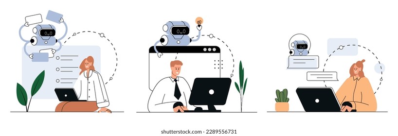 AI technology, smart chat bot set . Machine learning. Artificial intelligence, chatbot self-learning, artificial intelligence regulations. Vector flat isolated  education concept illustration