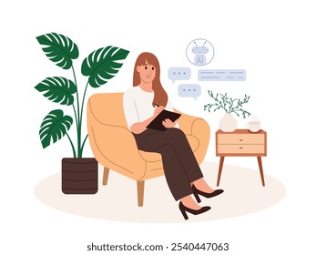 AI technology, smart chat bot. Business woman performs work tasks with the help of artificial intelligence. Illustrations in cartoon style.