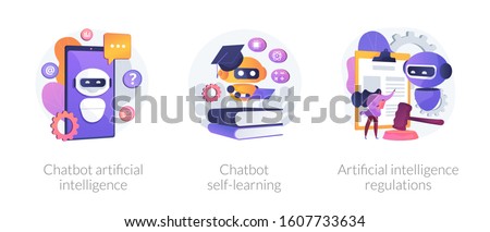 AI technology, smart chat bot. Machine learning. Chatbot artificial intelligence, chatbot self-learning, artificial intelligence regulations metaphors. Vector isolated concept metaphor illustrations.