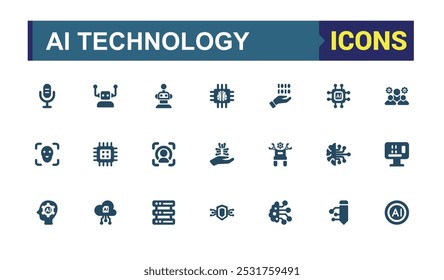 Conjunto de iconos sólidos de tecnología de IA. Colección de Inteligencia Artificial, conexión, networking y más. Paquete de iconos rellenos editables. Píxel perfecto. Ilustración vectorial de glifos.