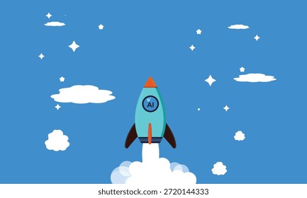 Lanzamiento del cohete de inicio de Tecnología de IA en diseño plano de cielo nublado