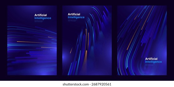AI Technology ou Tech Science Corporate Cover Background com linhas de luz futuristas em azul escuro. Ideal para relatórios anuais, apresentações técnicas e temas de inovação científica. Ilustração de vetor.