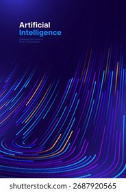 AI Technology ou Tech Science Corporate Cover Background com linhas de luz futuristas em azul escuro. Ideal para relatórios anuais, apresentações técnicas e temas de inovação científica. Ilustração de vetor.