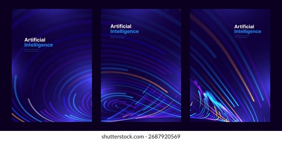 AI Technology ou Tech Science Corporate Cover Background com linhas de luz futuristas em azul escuro. Ideal para relatórios anuais, apresentações técnicas e temas de inovação científica. Ilustração de vetor.
