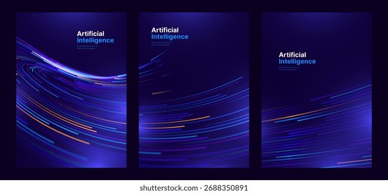 AI Technology ou Tech Science Corporate Cover Background com linhas de luz futuristas em azul escuro. Ideal para relatórios anuais, apresentações técnicas e temas de inovação científica. Ilustração de vetor.