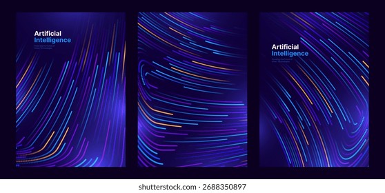 AI Technology ou Tech Science Corporate Cover Background com linhas de luz futuristas em azul escuro. Ideal para relatórios anuais, apresentações técnicas e temas de inovação científica. Ilustração de vetor.